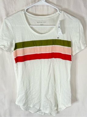 NWT American Eagle Outfitters White Tee with Olive, Blush, and Red Stripes — XS